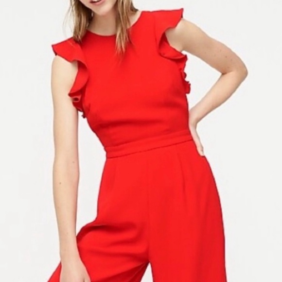 J. Crew | NWOT ✨ Bright Red Crepe 365 Sleeveless Ruffle Wide Leg Jumpsuit - Picture 1 of 13